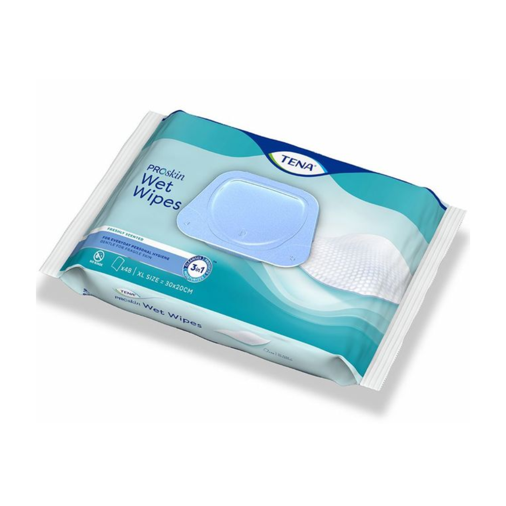 Η συσκευασία υγρών μαντηλιών TENA 3-in-1 Wet Wipe σε μπλε-άσπρη συσκευασία τονίζει τα πλεονεκτήματα της 3-in-1 περιποίησης δέρματος με απαλή εφαρμογή. Το ανοιχτό μπλε καπάκι που ξανακλείνει εξασφαλίζει φρεσκάδα και καθιστά αυτά τα πρακτικά προϊόντα ακράτειας της Essity Germany GmbH μια αποτελεσματική επιλογή για έναν ολοκληρωμένο καθαρισμό.