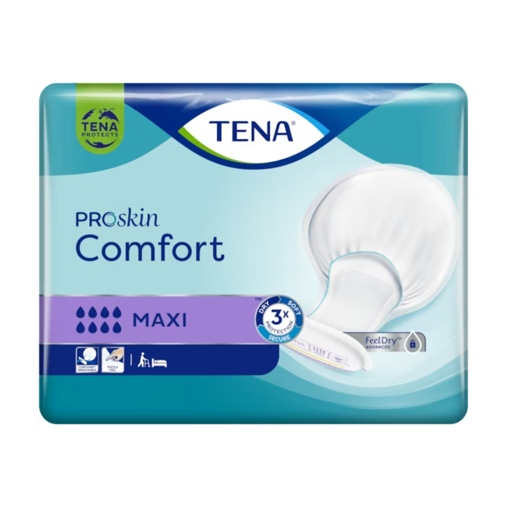 Συσκευασία για τα επιθέματα ακράτειας TENA Comfort Maxi, περιεχόμενο 34 τεμάχια. Ο σχεδιασμός περιλαμβάνει ένα μπλε-ιώδες χρωματικό σχήμα με μια εικόνα του επιθέματος ακράτειας στη δεξιά πλευρά καθώς και σύμβολα που υποδεικνύουν την απορροφητικότητα και τα πλεονεκτήματα του προϊόντος.