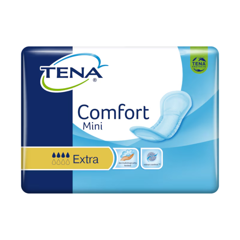 Η εικόνα δείχνει μια συσκευασία TENA Comfort Mini Extra Inkontinenzvorlage σε μπλε συσκευασία με το κείμενο «TENA» και «Comfort Mini». Αναδεικνύει τον πυρήνα απορρόφησης Dry Fast Core για βελτιωμένη απορροφητικότητα, μαζί με σύμβολα που υποδεικνύουν ότι έχει δοκιμαστεί δερματολογικά και έχει αναπτυχθεί για αποτελεσματικό έλεγχο οσμών. Το προϊόν είναι από την TENA by Essity Germany GmbH και παραδίδεται σε συσκευασία των 30 τεμαχίων.