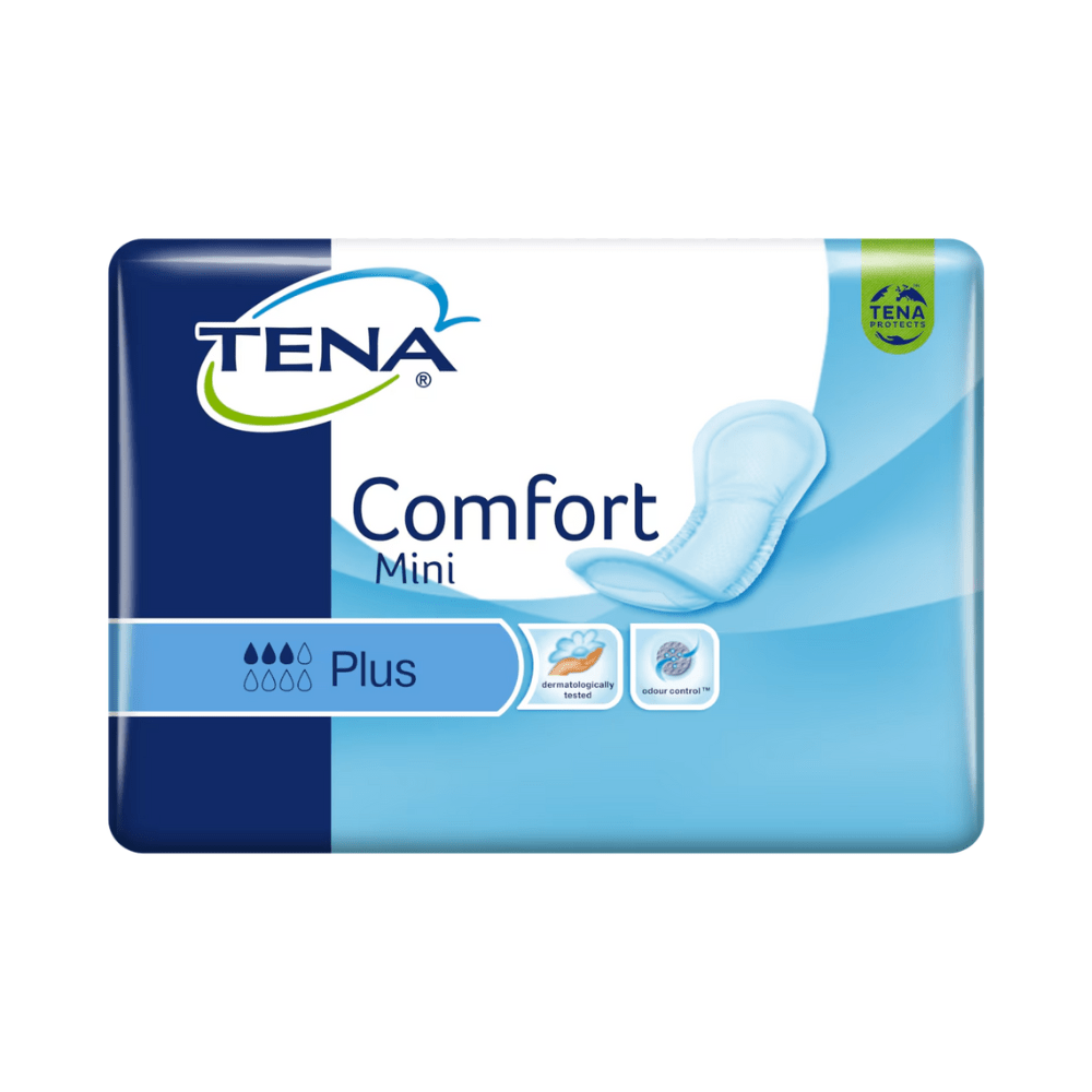 Μια συσκευασία σερβιετών ακράτειας TENA Comfort Mini Plus περιέχει 30 σερβιέτες, οι οποίες έχουν κατασκευαστεί με τη χρήση της πιο σύγχρονης τεχνολογίας. Η συσκευασία είναι κυρίως μπλε και λευκή και φέρει το λογότυπο της TENA, καθώς και σύμβολα που υπογραμμίζουν την απορροφητικότητα, την άνεση, τον έλεγχο των οσμών και τον πυρήνα Dry Fast Core για εξαιρετική προστασία.