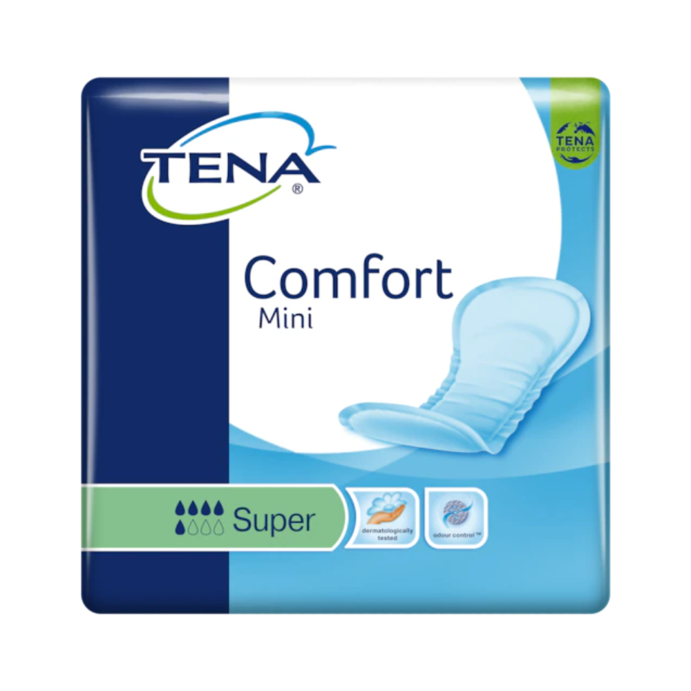 Η εικόνα δείχνει μια συσκευασία TENA Comfort Mini Super Inkontinenzvorlage με 30 επιθέματα, που έχουν αναπτυχθεί για αδυναμία κύστης. Η μπλε-λευκή συσκευασία δείχνει καθαρά το λογότυπο TENA της Essity Germany GmbH και το όνομα του προϊόντος, μαζί με μια εικόνα στη δεξιά πλευρά που υπογραμμίζει την τεχνολογία Dry Fast Core.