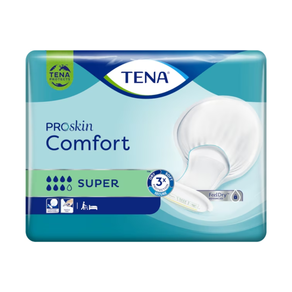 Η συσκευασία της TENA Comfort Super Inkontinenzvorlage με την καθαρή παρουσίαση του προϊόντος τονίζει μέσω σαφών εικονιδίων τις δερματολογικά ελεγμένες ιδιότητες και την προστασία από την ξηρότητα. Ο σχεδιασμός, κυρίως σε μπλε και πράσινο, διευκολύνει την αναγνώριση.