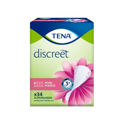 Η εικόνα δείχνει μια συσκευασία TENA Discreet Mini Magic σερβιέτας ακράτειας με ροζ σχέδιο πετάλου και το κείμενο «Συσκευασία (34 τεμάχια)». Η συσκευασία τονίζει «3x Προστασία» για ελαφρά ακράτεια ούρων, περιλαμβάνει σύμβολα σταγόνων νερού και αναδεικνύει την τεχνολογία microPROTEX για αποτελεσματική απορροφητικότητα. Κατασκευάζεται από την TENA - Essity Germany GmbH.