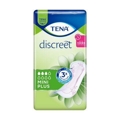 Η συσκευασία της σερβιέτας ακράτειας TENA Discreet Mini Plus, που κατασκευάζεται από την TENA - Essity Germany GmbH, είναι σε μπλε και πράσινο χρώμα. Αναδεικνύει χαρακτηριστικά όπως «έως και 12 ώρες ξηρότητας» και «τριπλή προστασία ελέγχου οσμών» για τριπλή προστασία. Επιπλέον, υπάρχει μια εντυπωσιακή εικόνα μιας σερβιέτας με λουλουδάτο μοτίβο για να τονιστεί η αποτελεσματική προστασία από την αδυναμία της ουροδόχου κύστης. Η συσκευασία περιέχει 20 τεμάχια.