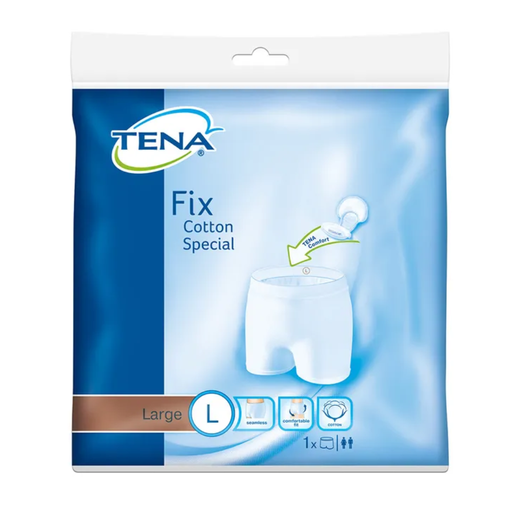 Ένα πακέτο TENA Fix Cotton Spezial Fixierhose Inkontinenzunterwäsche, μέγεθος L, από την TENA - Essity Germany GmbH. Η μπλε-λευκή συσκευασία δείχνει μια εικόνα που τονίζει την άνεση και την εφαρμογή, καθώς και σύμβολα με λεπτομερείς οδηγίες πλύσης και πληροφορίες προϊόντος για εύκολη φροντίδα.