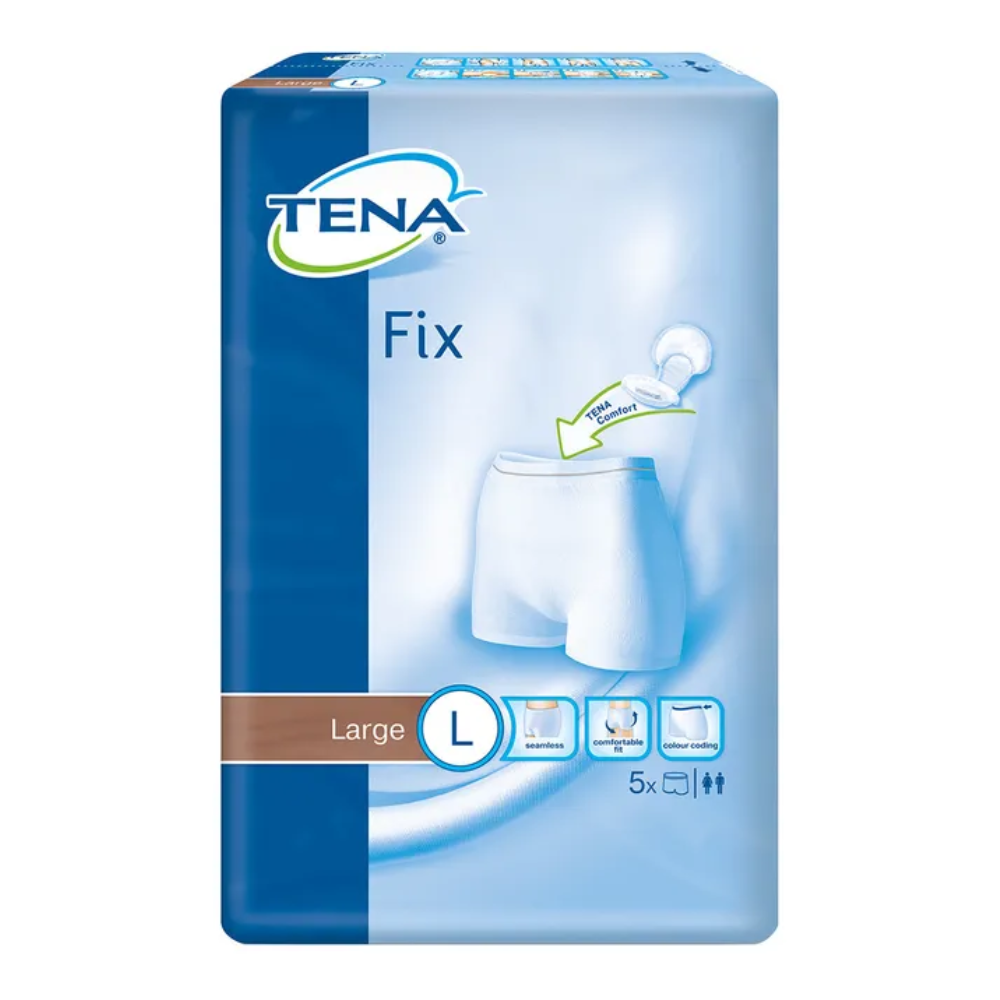 Τα εσώρουχα σταθεροποίησης ακράτειας TENA Fix από την TENA - Essity Germany GmbH προσφέρουν ασφαλή και άνετη εφαρμογή. Η μπλε συσκευασία επισημαίνει ξεκάθαρα ένα μεγάλο «L» για το μέγεθος L και περιέχει ένα διάγραμμα που απεικονίζει την εφαρμογή, καθώς και σύμβολα που αναδεικνύουν τις λειτουργίες προστασίας από διαρροές. Κάθε συσκευασία περιέχει 5 τεμάχια, ειδικά σχεδιασμένα για αξιόπιστη προστασία.