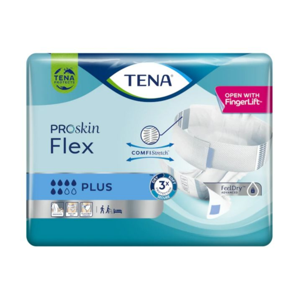 Η συσκευασία της TENA Flex Plus Inkontinenzhose από την TENA – Essity Germany GmbH είναι σε μπλε-λευκό χρώμα. Περιέχει σύμβολα για την ένδειξη της απορροφητικότητας και η επιγραφή «Άνοιγμα με FingerLift» είναι τοποθετημένη επάνω δεξιά πάνω από τη ζώνη μέσης.