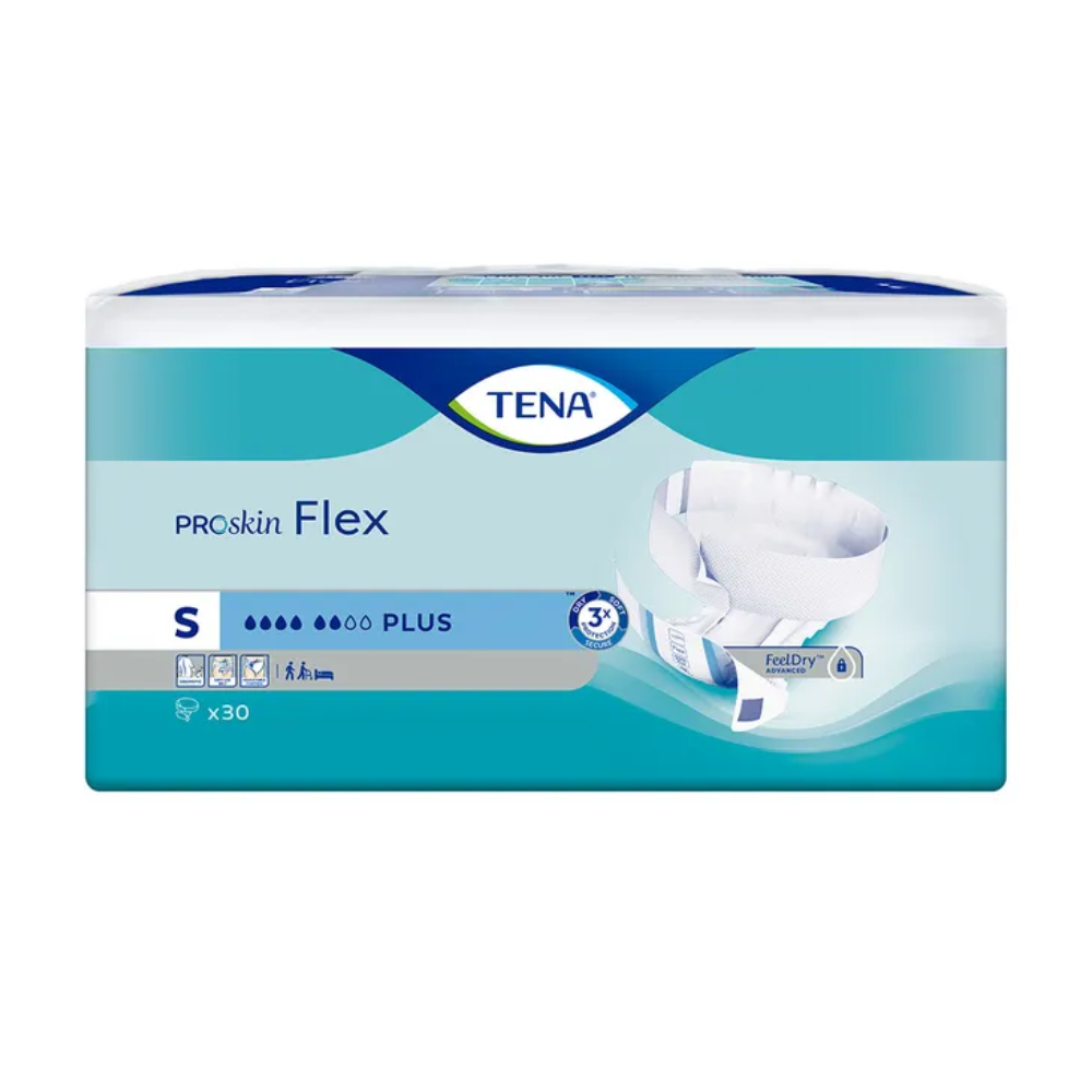 Η συσκευασία της TENA Flex Plus Inkontinenzhose σε μέγεθος Small παρουσιάζεται σε μπλε-λευκό σχέδιο με εικόνα πάνας, που τονίζει την απορροφητικότητα «Plus», την τεχνολογία FeelDry και τη ζώνη μέσης για αυξημένη άνεση. Κάθε συσκευασία περιέχει 30 μονάδες πάνας ακράτειας της μάρκας TENA – Essity Germany GmbH.