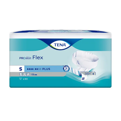 Η συσκευασία της TENA Flex Plus Inkontinenzhose σε μέγεθος Small παρουσιάζεται σε μπλε-λευκό σχέδιο με εικόνα πάνας, που τονίζει την απορροφητικότητα «Plus», την τεχνολογία FeelDry και τη ζώνη μέσης για αυξημένη άνεση. Κάθε συσκευασία περιέχει 30 μονάδες πάνας ακράτειας της μάρκας TENA – Essity Germany GmbH.