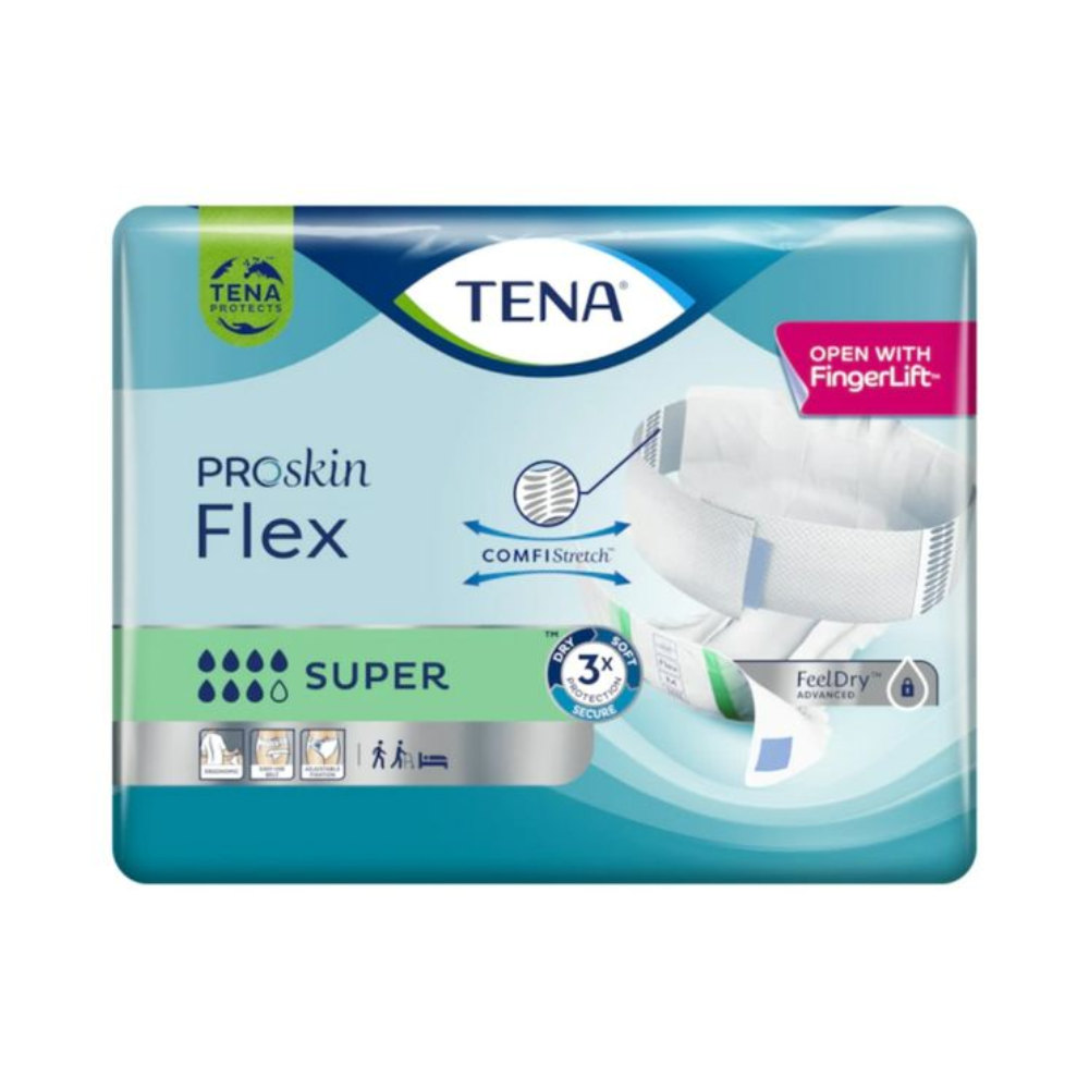 Μια συσκευασία TENA Flex Super Inkontinenzvorlage με ζώνη μέσης από την TENA - Essity Germany GmbH, με ComfiStretch και ασφαλή ζώνη μέσης. Η συσκευασία με την τεχνολογία FeelDry δείχνει σύμβολα που υπογραμμίζουν τα χαρακτηριστικά του προϊόντος και περιέχει ένα διάγραμμα του Inkontinenzvorlage.