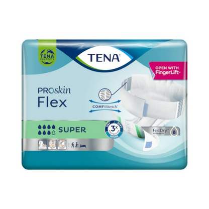 Μια συσκευασία TENA Flex Super Inkontinenzvorlage με ζώνη μέσης από την TENA - Essity Germany GmbH, με ComfiStretch και ασφαλή ζώνη μέσης. Η συσκευασία με την τεχνολογία FeelDry δείχνει σύμβολα που υπογραμμίζουν τα χαρακτηριστικά του προϊόντος και περιέχει ένα διάγραμμα του Inkontinenzvorlage.