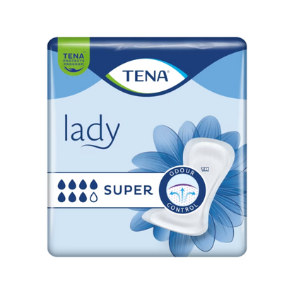 Η συσκευασία του TENA Lady Super Inkontinenzvorlage | Πακέτο (30 τεμάχια) από την TENA - Essity Germany GmbH είναι σε μπλε-λευκό χρώμα. Στοιχεία όπως οι λέξεις «Lady» και «SUPER», σταγόνες απορρόφησης, ένα λουλουδάτο γραφικό και όροι όπως «Odour Control» την καθιστούν την ιδανική επιλογή για όλους όσους αναζητούν αξιόπιστη προστασία από την ακράτεια στο πλαίσιο του προγράμματος TENA Protects.