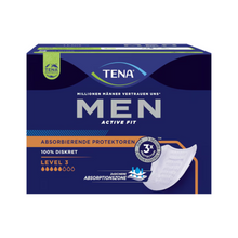 Η TENA Men Active Fit Level 3 πάνα ακράτειας, συσκευασμένη σε έντονο μπλε και μαύρο, είναι σχεδιασμένη για ακράτεια ούρων. Αυτό το προϊόν της TENA – Essity Germany GmbH δείχνει ένα γραφικό ασπίδας και τονίζει πλεονεκτήματα όπως τριπλή προστασία και απόλυτη διακριτικότητα, καθιστώντας το ιδανική επιλογή για άνδρες που αναζητούν εμπιστοσύνη και άνεση. Κάθε συσκευασία περιέχει 16 τεμάχια.