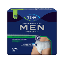 Η συσκευασία για τα TENA Men Active Fit Pants Maxi Inkontinenzpants παρουσιάζεται. Η σκούρα μπλε συσκευασία αναδεικνύει χαρακτηριστικά όπως «αρρενωπό + διακριτικό» και «Μέγιστη Απορρόφηση» και είναι ιδανική για έντονη απώλεια ούρων. Εμφανίζεται μια εικόνα των Inkontinenzpants και το μέγεθος L/XL.