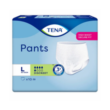 Η TENA Pants Discreet Inkontinenzhose από την TENA – Essity Germany GmbH σε μέγεθος Large προσφέρει υψηλή, ασφαλή εφαρμογή. Η συσκευασία τονίζει το διακριτικό της σχεδιασμό, περιλαμβάνοντας 10 εσώρουχα μιας χρήσης, με ένα μπλε-λευκό χρωματικό σχήμα που αναδεικνύει την απορροφητικότητα και τα χαρακτηριστικά ασφαλείας για τη θεραπεία της αδυναμίας κύστης.