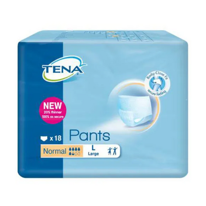 Η συσκευασία των TENA Pants Normal εσωρούχων ακράτειας για ενήλικες στο μέγεθος Large της TENA - Essity Germany GmbH περιλαμβάνει 18 εσώρουχα, που έχουν αναπτυχθεί ειδικά για την αδυναμία της ουροδόχου κύστης. Το μπλε σχέδιο χαρακτηρίζει εικόνες προϊόντων και τονίζει την άνεση και την ασφαλή εφαρμογή.
