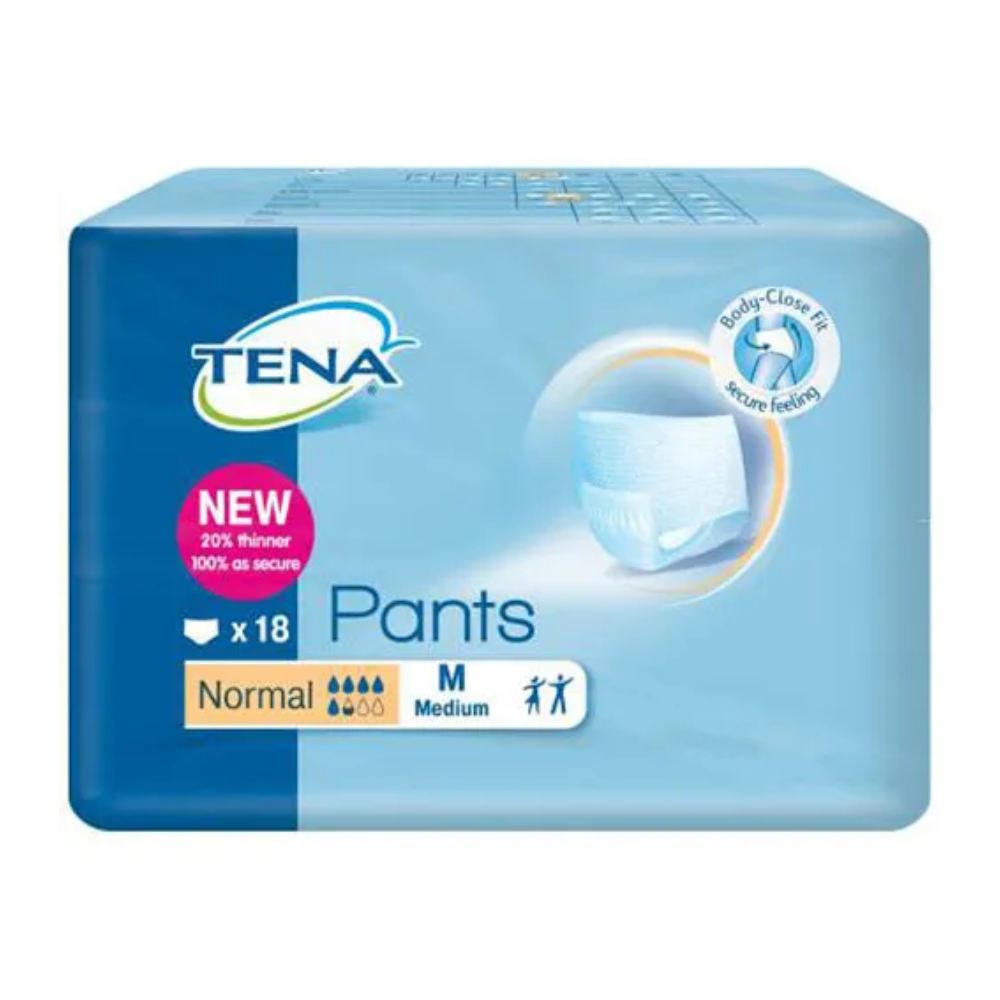 Η εικόνα δείχνει μια συσκευασία από TENA Pants Normal Εσώρουχα Ακράτειας, που κατασκευάζονται από την TENA - Essity Germany GmbH ειδικά για αδυναμία της ουροδόχου κύστης. Περιέχει 18 εσώρουχα μεσαίου μεγέθους με «κανονική» απορροφητικότητα, και η συσκευασία τονίζει ένα 20% λεπτότερο σχέδιο και άνετη εφαρμογή μπροστά από ένα μπλε φόντο με το προϊόν branding.