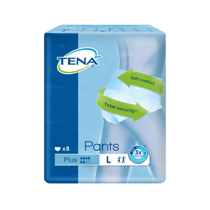 Στη συσκευασία των TENA Pants Plus ConfioFit παντελόνια ακράτειας σε μέγεθος L εμφανίζεται μια εικόνα του προϊόντος, στην οποία επισημαίνονται ετικέτες όπως «Απαλή Άνεση» και «Ολική Ασφάλεια». Αυτή η συσκευασία της TENA - Essity Germany GmbH είναι ιδανική για άτομα με ακράτεια και περιέχει 8 τεμάχια. Είναι εξοπλισμένη με σύμβολα που δείχνουν τη χρήση και την απορροφητικότητα, προσφέροντας έτσι αξιόπιστη προστασία.