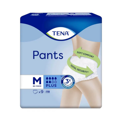 Εικόνα μιας συσκευασίας TENA Pants Plus ConfioFit παντελόνια ακράτειας από την TENA - Essity Germany GmbH, μεσαίου μεγέθους 80-110 cm, με αυξημένη απορροφητικότητα. Η συσκευασία δείχνει ένα άτομο που φοράει τα παντελόνια και τονίζει το «Soft Comfort» και την «Total Security» για αποτελεσματική προστασία από την ακράτεια. Περιέχει 9 τεμάχια.
