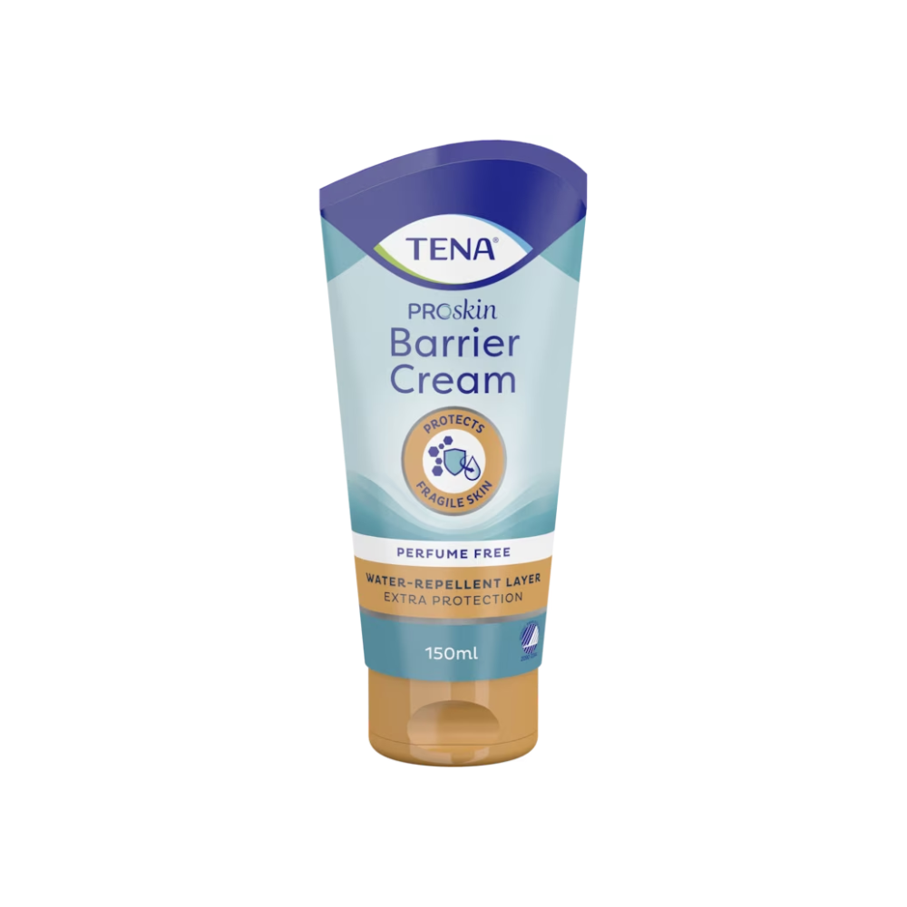 Η TENA ProSkin Barrier Cream, κρέμα περιποίησης | Συσκευασία (150 ml), από την Essity Germany GmbH, είναι ιδανική για ευαίσθητο δέρμα. Η μπλε-καφέ συσκευασία τονίζει σημαντικά χαρακτηριστικά όπως «Προστατεύει το ευαίσθητο δέρμα» και «Χωρίς άρωμα» και διαθέτει μια υδατοαπωθητική στρώση για βελτιωμένη προστασία, καθιστώντας την απαραίτητη σε κάθε ρουτίνα περιποίησης δέρματος.