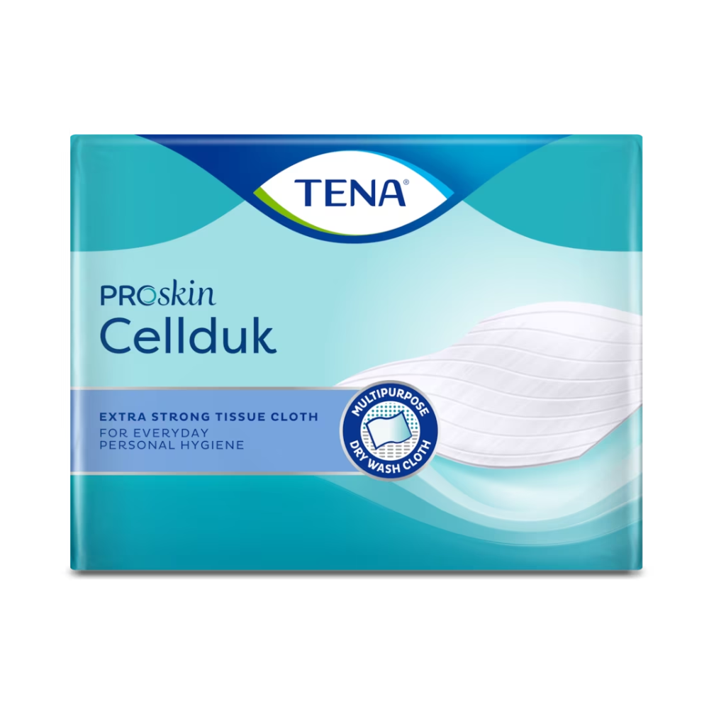 Απεικονίζεται η συσκευασία του TENA ProSkin Cellduk Trockentuch 25 x 26 cm στα χρώματα μπλε και πράσινο. Δείχνει το όνομα του προϊόντος και την περιγραφή: «Εξαιρετικά ισχυρό πανί ιστού για την καθημερινή σωματική υγιεινή με αυξημένη αντοχή στην υγρασία.» Επιπλέον, περιλαμβάνει μια εικόνα ενός λευκού πανιού.