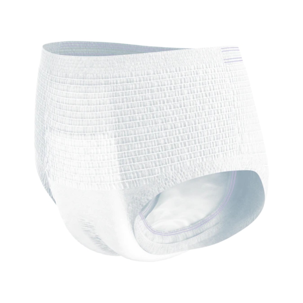 Eine Nahaufnahme einer einzelnen TENA ProSkin Pants Night Super Inkontinenzhose mit elastischem Bund und eng anliegendem Design. Die Windel ist überwiegend weiß und scheint auf Komfort und sicheren Schutz gegen Blasenschwäche ausgelegt zu sein. Der Hintergrund ist schlicht weiß und betont die Windel.