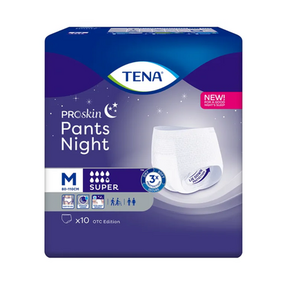 Η εικόνα δείχνει μια συσκευασία TENA ProSkin Pants Night Super Inkontinenzpants από την TENA – Essity Germany GmbH, η οποία είναι ιδανική για τη θεραπεία της νυχτερινής αδυναμίας της ουροδόχου κύστης. Ο σχεδιασμός σε μωβ και μπλε με λευκό περίγραμμα αναδεικνύει λεπτομέρειες όπως το μέγεθος M, το οποίο είναι κατάλληλο για 80-110 cm, και περιέχει 10 κομμάτια ανά συσκευασία.