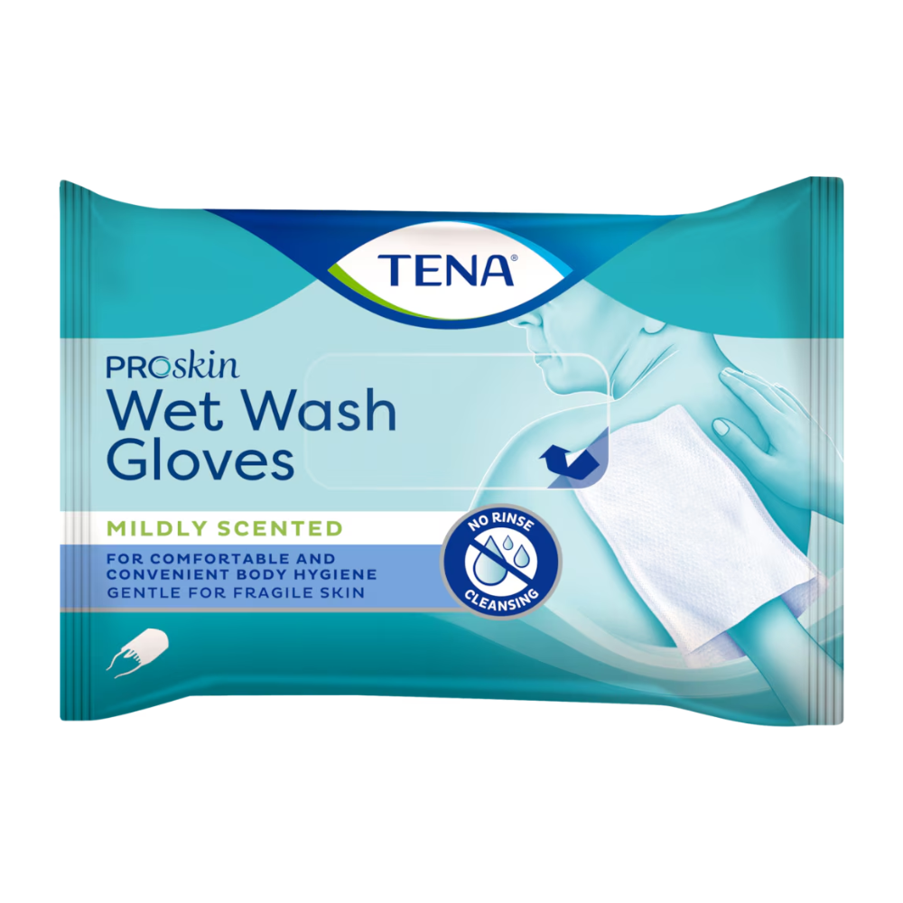 Die Verpackung der mild parfümierten TENA ProSkin Wet Wash Gloves Waschhandschuhe von TENA - Essity Germany GmbH für komfortable Körperhygiene ist mit ihrer spülfreien Reinigung ideal für empfindliche Haut. Die blau-weiße Verpackung enthält alle wichtigen Produktinformationen.