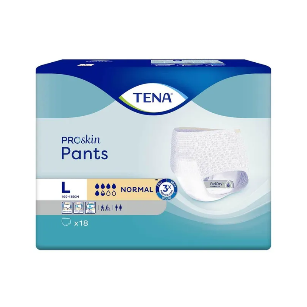Η εικόνα δείχνει μια συσκευασία TENA Proskin Pants Normal, ένα εσώρουχο ακράτειας από την TENA - Essity Germany GmbH, κατάλληλο για άτομα με αδυναμία της ουροδόχου κύστης σε μέγεθος Large. Η μπλε-λευκή συσκευασία υποδηλώνει ότι περιέχει 18 παντελόνια για μέτρια απορροφητικότητα με προηγμένη τεχνολογία FeelDry.