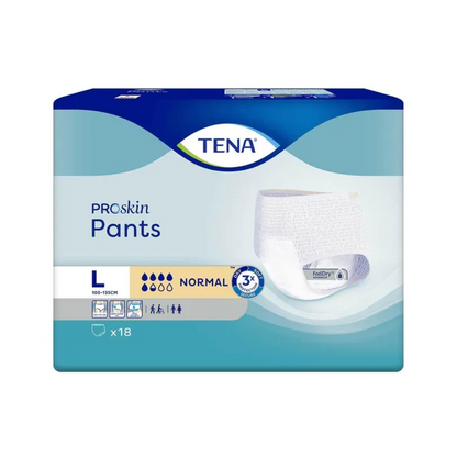 Η εικόνα δείχνει μια συσκευασία TENA Proskin Pants Normal, ένα εσώρουχο ακράτειας από την TENA - Essity Germany GmbH, κατάλληλο για άτομα με αδυναμία της ουροδόχου κύστης σε μέγεθος Large. Η μπλε-λευκή συσκευασία υποδηλώνει ότι περιέχει 18 παντελόνια για μέτρια απορροφητικότητα με προηγμένη τεχνολογία FeelDry.