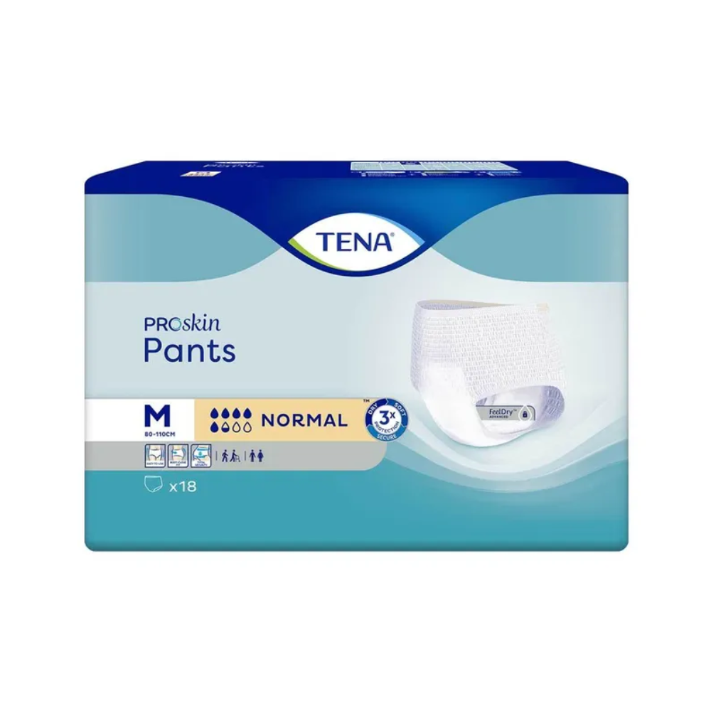 Η εικόνα δείχνει μια συσκευασία TENA Proskin Pants Normal Inkontinenzhosen από την TENA - Essity Germany GmbH, κατασκευασμένη για άτομα με αδυναμία της ουροδόχου κύστης. Η μπλε-λευκή συσκευασία αντιπροσωπεύει το μέγεθος μεσαίο, κανονική απορροφητικότητα για ενήλικες και περιέχει 18 κομμάτια.