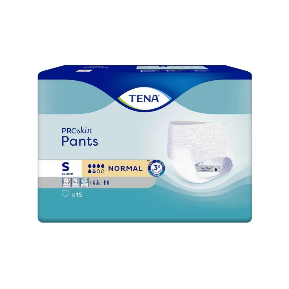 Μια συσκευασία TENA Proskin Pants Normal Inkontinenzhose, μέγεθος S, ειδικά για κανονική απορροφητικότητα για τη θεραπεία της αδυναμίας της ουροδόχου κύστης. Η συσκευασία περιέχει 15 παντελόνια και δείχνει στην μπροστινή πλευρά μια εικόνα του προϊόντος. Η συσκευασία είναι κυρίως μπλε με λευκές λεπτομέρειες και κατασκευάζεται από την TENA - Essity Germany GmbH.