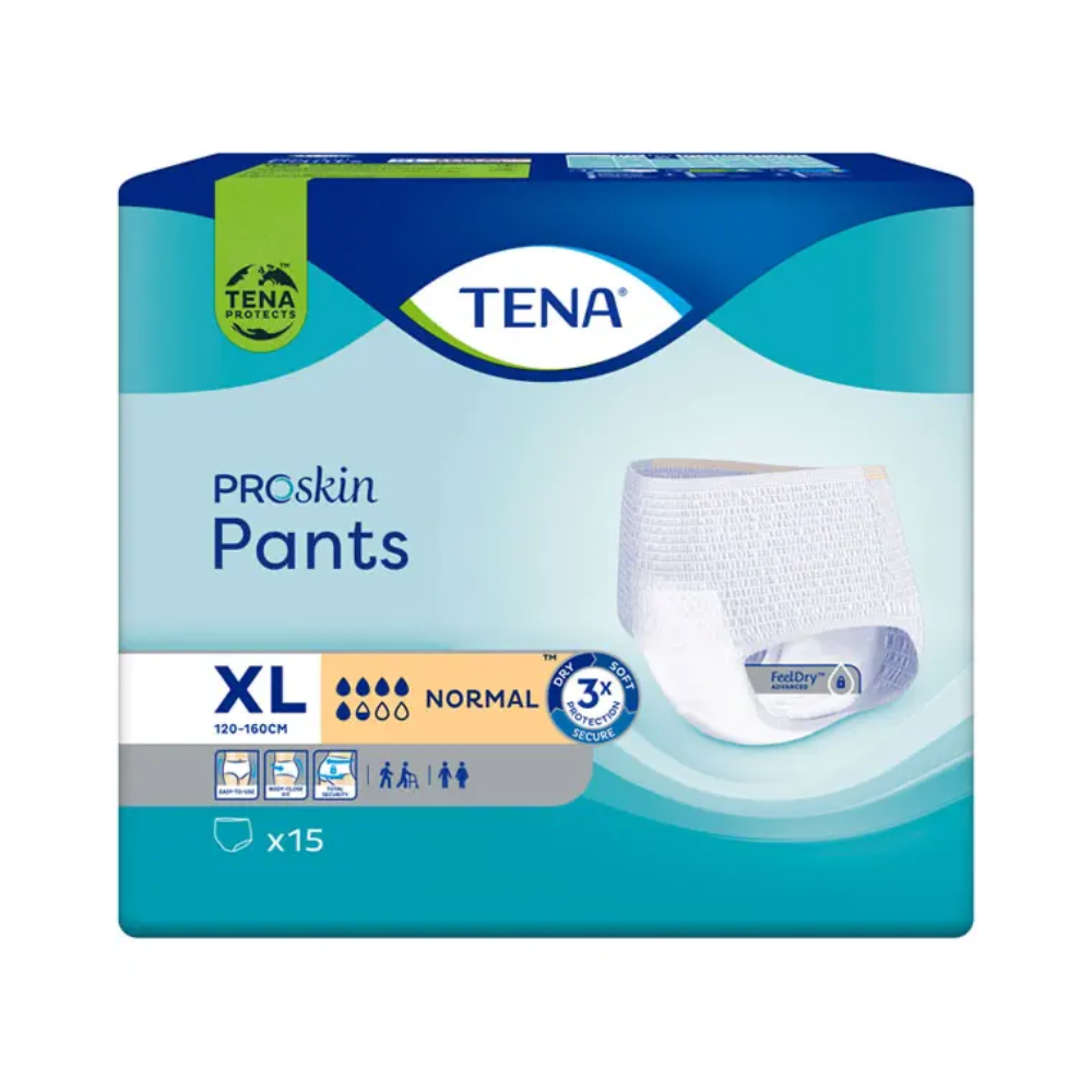 Εικόνα μιας συσκευασίας TENA Proskin Pants Normal Inkontinenzhose σε μέγεθος XL, προσαρμοσμένη για άτομα με αδυναμία της ουροδόχου κύστης. Η συσκευασία είναι μπλε και πράσινη με λευκές λεπτομέρειες, δείχνει μια εικόνα του εσωρούχου και υποδηλώνει «Κανονική απορροφητικότητα», κατάλληλη για περιφέρεια μέσης 120-160 cm. Κάθε συσκευασία περιέχει 15 κομμάτια, κατασκευασμένη από την TENA - Essity Germany GmbH.