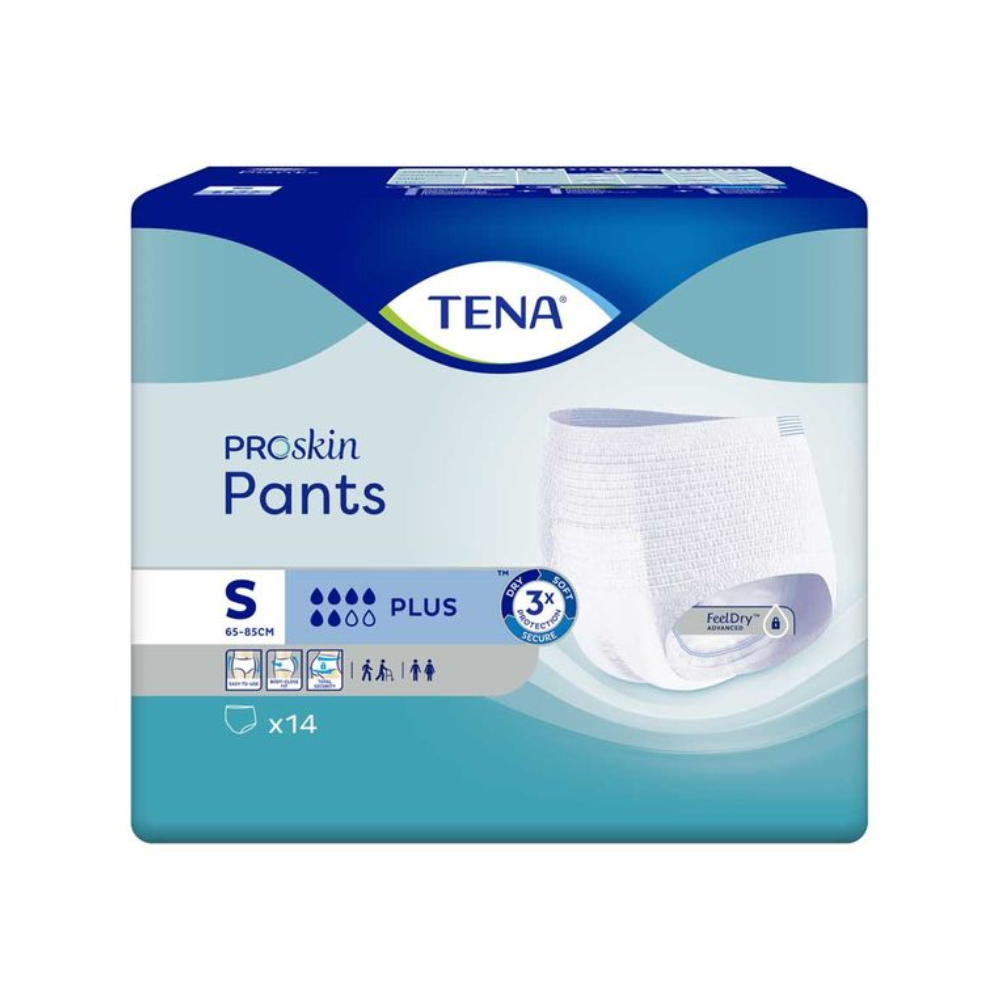 Οι TENA Proskin Pants Plus Inkontinenzhosen, που είναι σχεδιασμένες για περιμέτρους μέσης από 65-85 cm, παρέχονται σε μια συσκευασία που παρουσιάζει τεχνολογία μείωσης υγρασίας. Τονίζει την προστασία από διαρροές, την άνεση και τον έλεγχο οσμών. Η κυρίως μπλε συσκευασία με λευκές λεπτομέρειες από την TENA – Essity Germany GmbH περιέχει 14 τεμάχια.