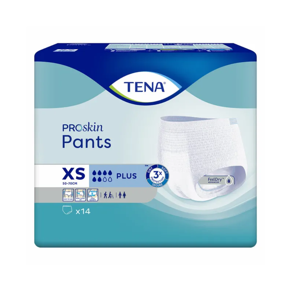 Η συσκευασία των TENA Proskin Pants Plus Inkontinenzhosen σε μέγεθος XS αναδεικνύει χαρακτηριστικά όπως το FeelDry Advanced και την τεχνολογία μείωσης υγρασίας. Η μπλε-λευκή συσκευασία με τη μάρκα TENA – Essity Germany GmbH δείχνει μια εικόνα των Inkontinenzhosen και περιέχει 14 τεμάχια.
