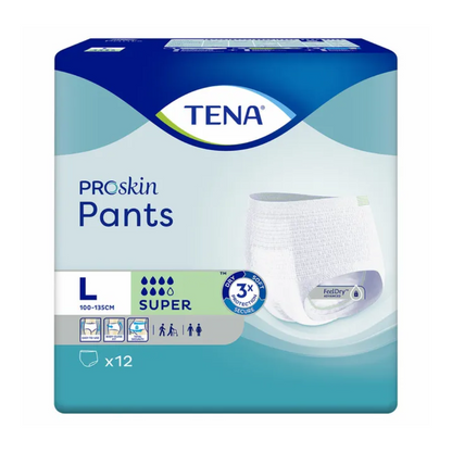 Die TENA ProSkin Pants Super Inkontinenzhose, Größe L von TENA - Essity Germany GmbH, sind für Taillengrößen zwischen 100-135 cm geeignet. Die Verpackung präsentiert sich in einem blau-grünen Design und enthält 12 super saugfähige Hosen, die sich perfekt zur Behandlung von Blasenschwäche eignen. Symbole unterstreichen das Engagement für Komfort und Schutz.