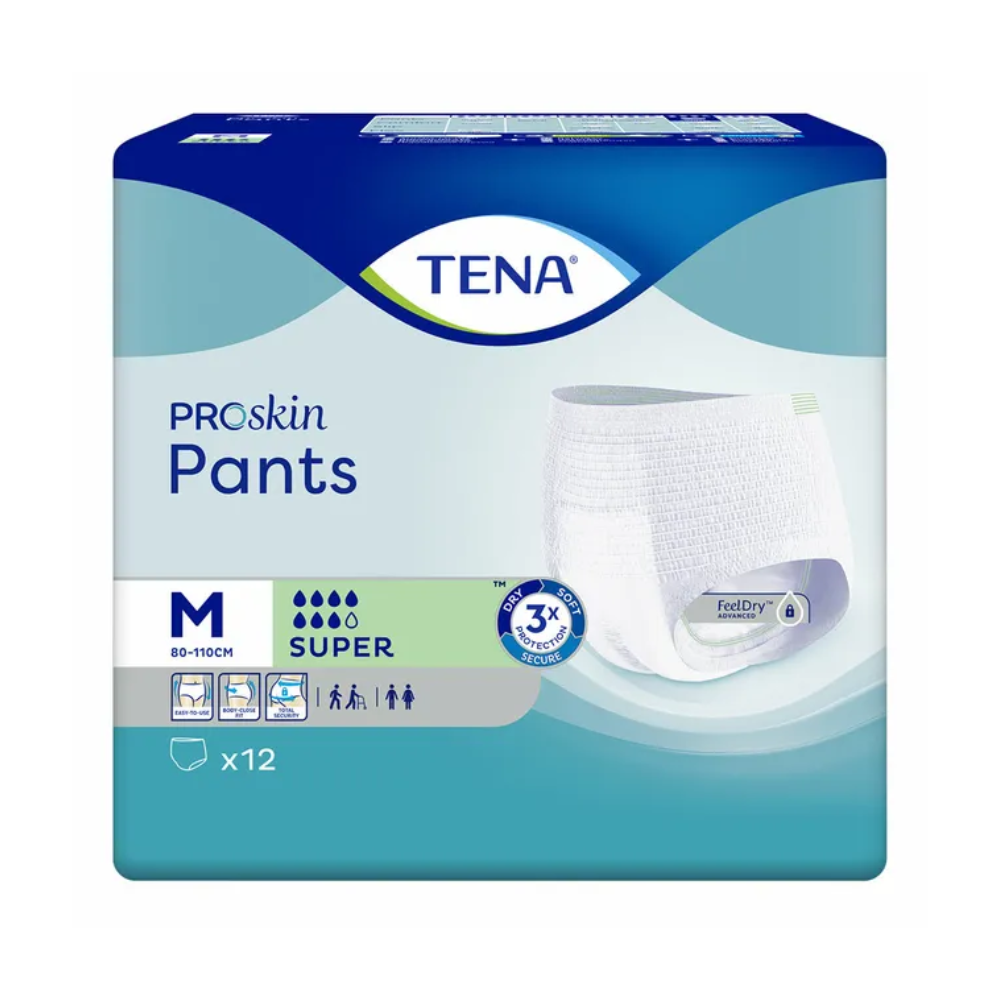 Verpackung der TENA ProSkin Pants Super Inkontinenzpants von TENA - Essity Germany GmbH, geeignet für Personen mit Blasenschwäche, Größe M (80-110 cm). Sie zeigt eine Abbildung einer Inkontinenzpant und Symbole, die Saugstärke und Geschlechtseignung anzeigen. Die Packung enthält 12 Pants.