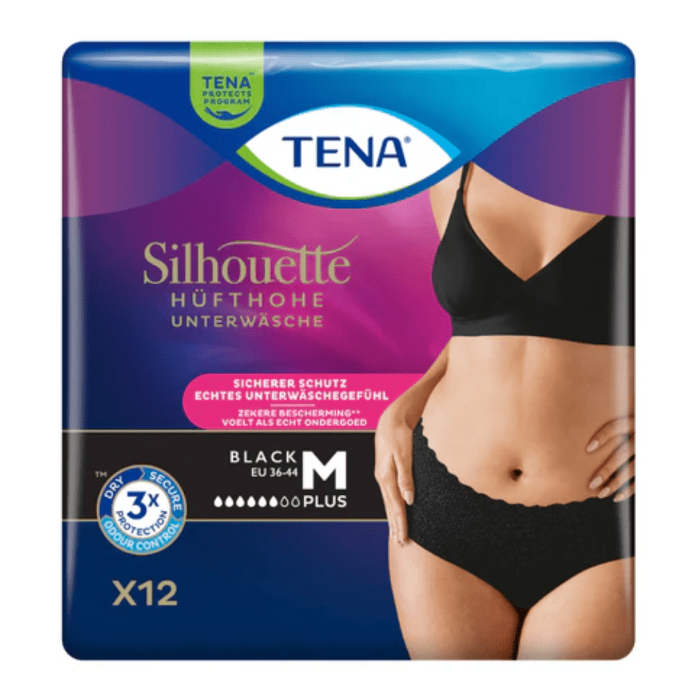 Η εικόνα συσκευασίας των TENA Silhouette Plus Black Inkontinenzpants δείχνει παντελόνια ύψους γοφών, που έχουν σχεδιαστεί για την προστασία της ουροδόχου κύστης. Η συσκευασία με το στυλάτο μαύρο τορσό και την επιγραφή EU 36-44 M περιέχει 12 κομμάτια και υπόσχεται τριπλή προστασία από την αδυναμία της ουροδόχου κύστης.