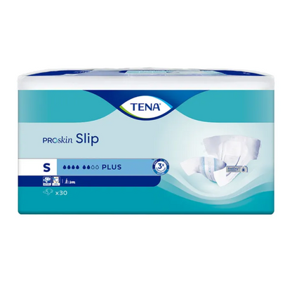 Η συσκευασία της TENA Slip Plus πάνας ακράτειας με ζώνη μέσης σε μέγεθος S προβάλλει το όνομα του προϊόντος καθώς και μια μικρή εικόνα της πάνας ενηλίκων στην μπροστινή πλευρά. Περιέχει 30 τεμάχια ανά συσκευασία και παρουσιάζει το μπλε-λευκό branding της TENA - Essity Germany GmbH, που υπογραμμίζει την αξιόπιστη προστασία από διαρροές για βέλτιστη άνεση και προστασία.