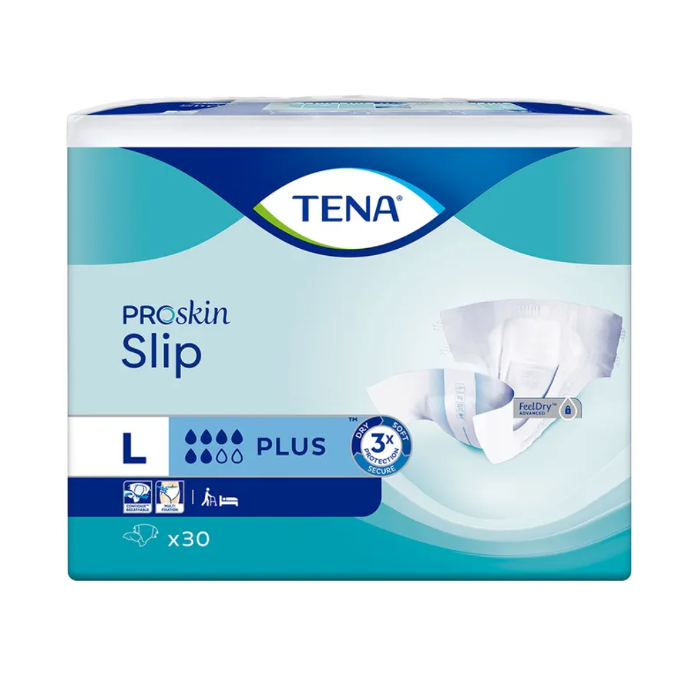 Η συσκευασία της TENA Slip Plus πάνας ακράτειας με ζώνη μέσης, κατασκευασμένη από την TENA – Essity Germany GmbH, μέγεθος Large, προβάλλει το σχέδιό της με σύμβολα που υποδεικνύουν χαρακτηριστικά όπως εξαιρετική απορροφητικότητα και προστασία από διαρροές. Το χρωματικό σχήμα είναι μπλε και λευκό, και κάθε συσκευασία περιέχει 30 τεμάχια.