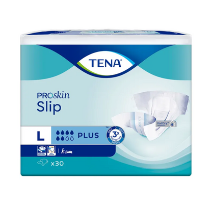 Η συσκευασία της TENA Slip Plus πάνας ακράτειας με ζώνη μέσης, κατασκευασμένη από την TENA – Essity Germany GmbH, μέγεθος Large, προβάλλει το σχέδιό της με σύμβολα που υποδεικνύουν χαρακτηριστικά όπως εξαιρετική απορροφητικότητα και προστασία από διαρροές. Το χρωματικό σχήμα είναι μπλε και λευκό, και κάθε συσκευασία περιέχει 30 τεμάχια.