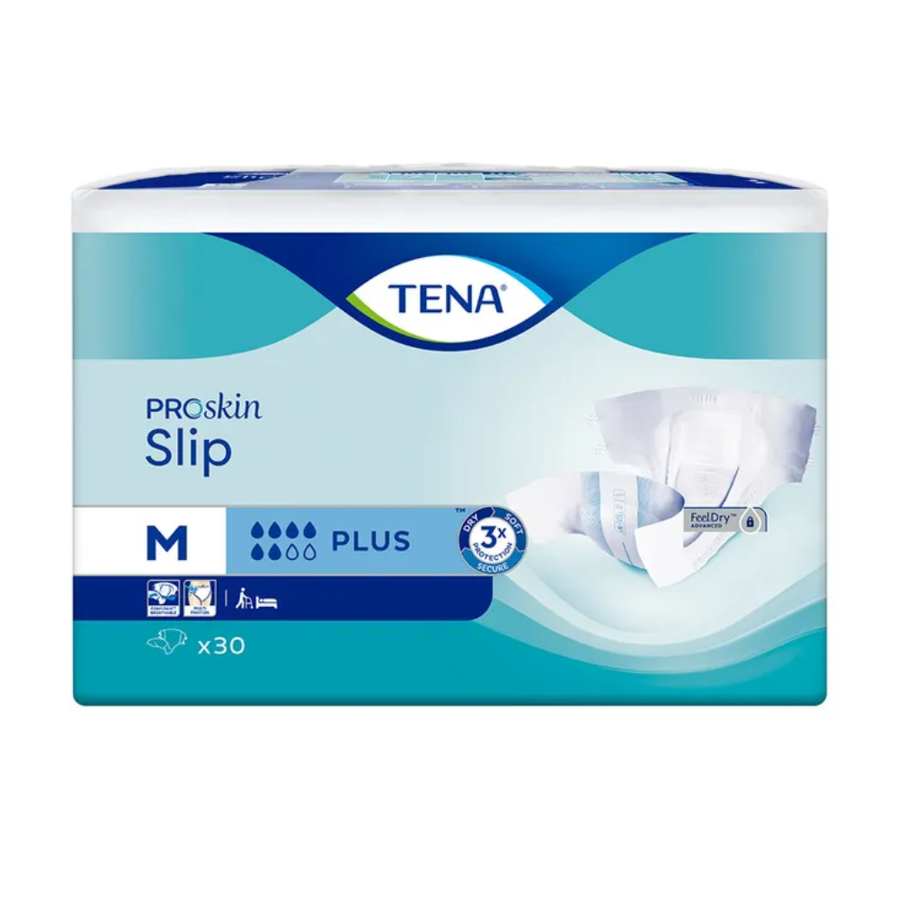 Η εικόνα δείχνει μια συσκευασία της TENA Slip Plus πάνας ακράτειας με ζώνη μέσης από την TENA – Essity Germany GmbH, που περιέχει προστασία από διαρροές για επιπλέον ασφάλεια. Η μπλε-λευκή συσκευασία χαρακτηρίζεται από ένα «M» για το μεσαίο μέγεθος και περιέχει 30 τεμάχια, τονίζοντας την τριπλή προστασία του δέρματος.