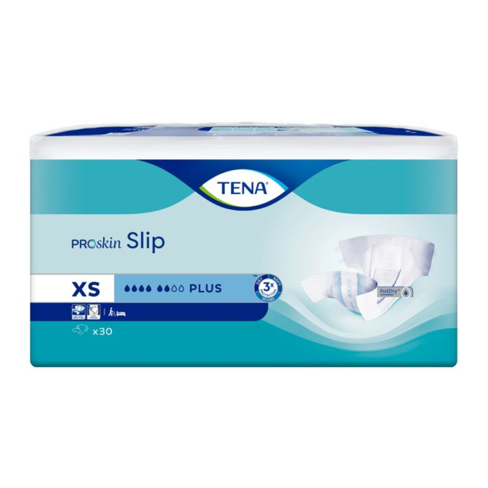 Η συσκευασία της TENA Slip Plus πάνας ακράτειας με ζώνη μέσης σε μέγεθος XS είναι σχεδιασμένη σε μπλε-λευκό. Στην μπροστινή πλευρά υπάρχει μια απεικόνιση του προϊόντος, που υποδεικνύει την προστασία από διαρροές και το μέγεθος συσκευασίας των 30 τεμαχίων.