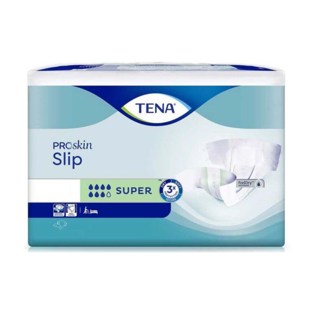 Η εικόνα δείχνει μια συσκευασία TENA Slip Super Inkontinenzvorlage mit Hüftbund για ενήλικες. Ο κυρίως μπλε-λευκός σχεδιασμός αναδεικνύει σύμβολα προστασίας από διαρροές για εξαιρετική απορροφητικότητα και άνεση, με μια εικόνα του προϊόντος στη δεξιά πλευρά, που εξασφαλίζει αξιόπιστη προστασία.