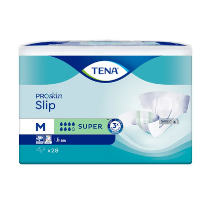 Η συσκευασία του TENA Slip Super Inkontinenzvorlage mit Hüftbund, διαθέσιμη σε μέγεθος M, εντυπωσιάζει με έναν κομψό μπλε-λευκό σχεδιασμό με οπτικές λεπτομέρειες που αναδεικνύουν την προηγμένη τεχνολογία 3x-ξηρότητας. Αυτή η συσκευασία με 28 τεμάχια υπόσχεται ανώτερη προστασία από διαρροές για εμπιστοσύνη και άνεση, με την ευγενική χορηγία της TENA - Essity Germany GmbH.