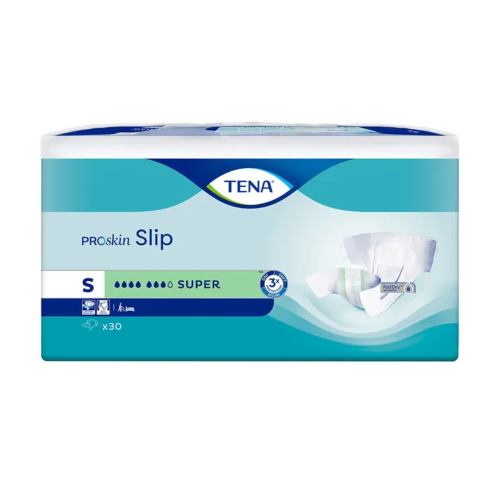 Η συσκευασία του TENA Slip Super Inkontinenzvorlage mit Hüftbund, μέγεθος Small, αναδεικνύει την προστασία από διαρροές μέσω μιας εικόνας προϊόντος και ενός κειμένου με αναφορά σε ποσότητα 30 τεμαχίων. Ο σχεδιασμός χαρακτηρίζεται από έντονες μπλε και πράσινες αποχρώσεις.