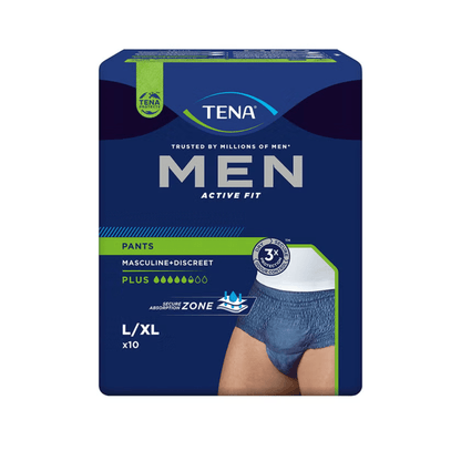 Μια συσκευασία δείγματος TENA Men Active Fit Pants Plus Blue από την TENA - Essity Germany GmbH, μέγεθος L/XL (10 ανδρικές πάνες μίας χρήσης), έρχεται σε σκούρα μπλε συσκευασία με μια κομμένη εικόνα ενός άνδρα και τονίζει τα βασικά χαρακτηριστικά για την αδυναμία της ουροδόχου κύστης.