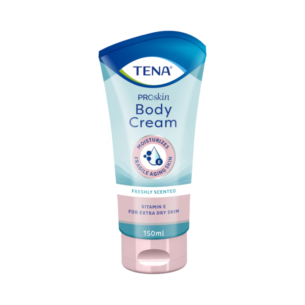 Ένας σωλήνας των 150 ml TENA ProSkin Body Cream προσφέρεται σε μια ανοιχτόχρωμη μπλε συσκευασία με σκούρο μπλε καπάκι. Η φόρμουλα, εμπλουτισμένη με φυσικά έλαια και βιταμίνη Ε, ενυδατώνει την ευαίσθητη γηρασμένη επιδερμίδα, καταπραΰνει το ξηρό δέρμα και ταυτόχρονα προσφέρει φρέσκο άρωμα. Το προϊόν διατίθεται υπό την επωνυμία TENA από την Essity Germany GmbH.