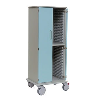 Το πλαίσιο του καροτσιού δίσκων Novocal, κατασκευασμένο από μια συμπαγή πλαστική πλάκα της Novocal, διαθέτει δύο ανοιχτόχρωμες μπλε πόρτες και πολλαπλά εσωτερικά διαμερίσματα. Στέκεται σε τέσσερις μεγάλους τροχούς και είναι έτσι εύκολο στη μεταφορά και βολικό στην αποθήκευση.