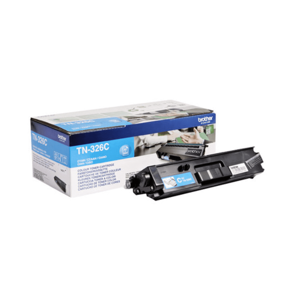 Μια κυανούν κασέτα τόνερ από Brother Toner για Brother HL-L8250/MFC-L8600 δίπλα στο κουτί συσκευασίας που περιέχει εικόνες και προδιαγραφές προϊόντος.